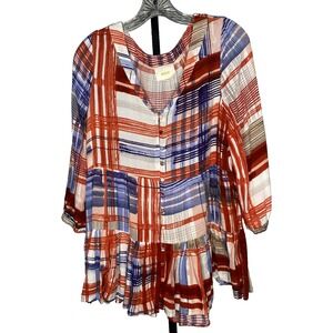 Anthropologie Lila Tiered Tunic by Maeve size Medium Red Blue Patchwork Bohemian